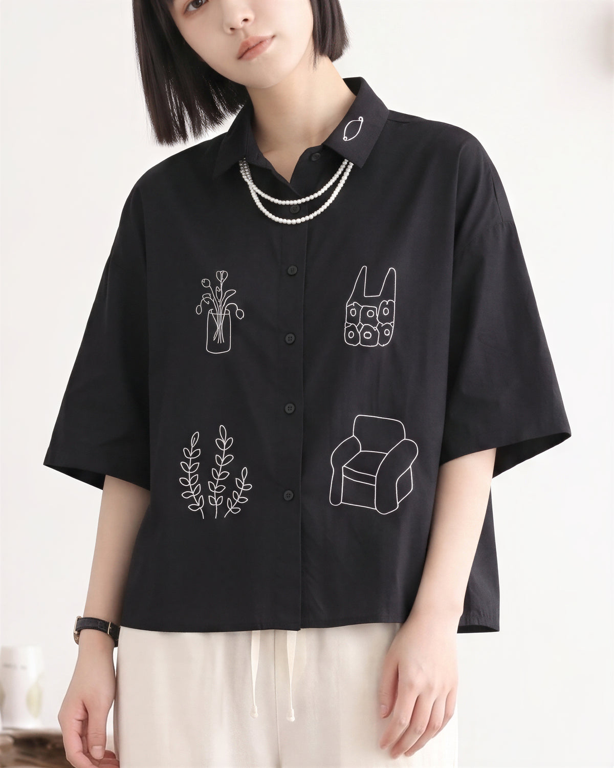 「兩色」M-2XL 趣味線描寬鬆短袖襯衫