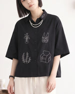 「兩色」M-2XL 趣味線描寬鬆短袖襯衫