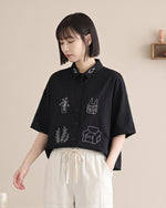 趣味線描寬鬆短袖襯衫-黑色-2XL