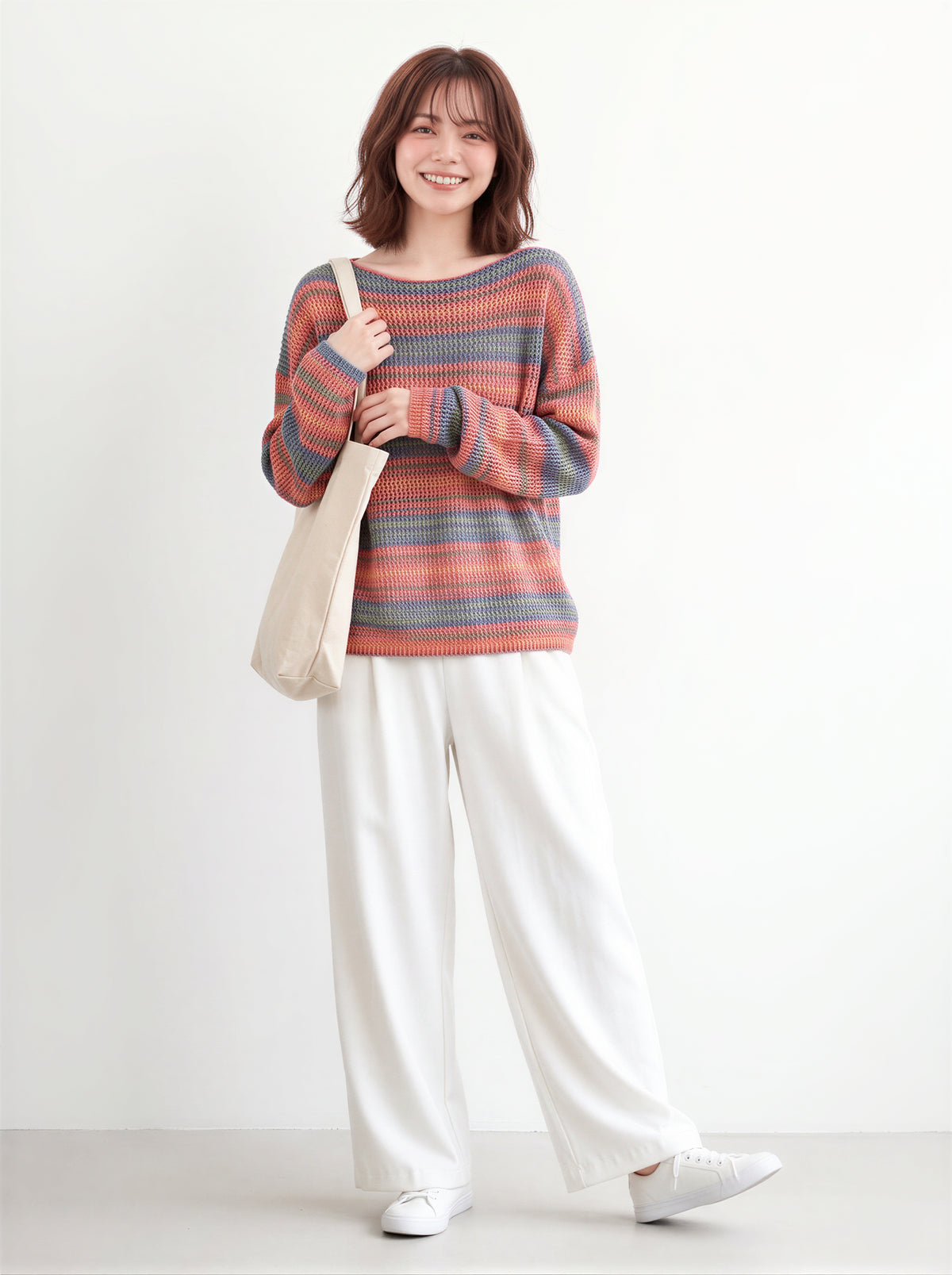 「秋季新品 」M-XL 彩條寬鬆落肩針織衫