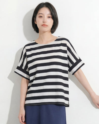 黑色寬條紋寬鬆落肩T恤-黑色-2XL