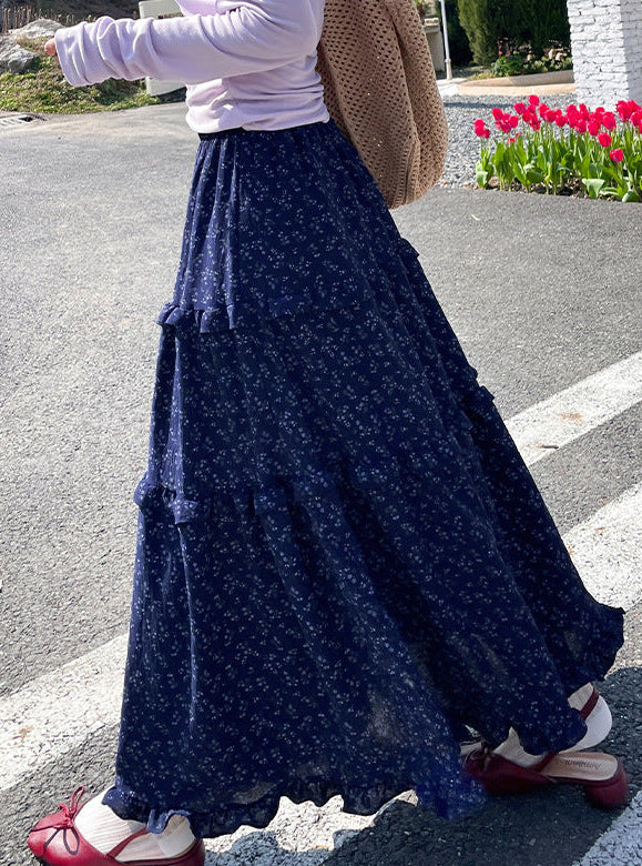鬆緊高腰三層蛋糕碎花半身長裙