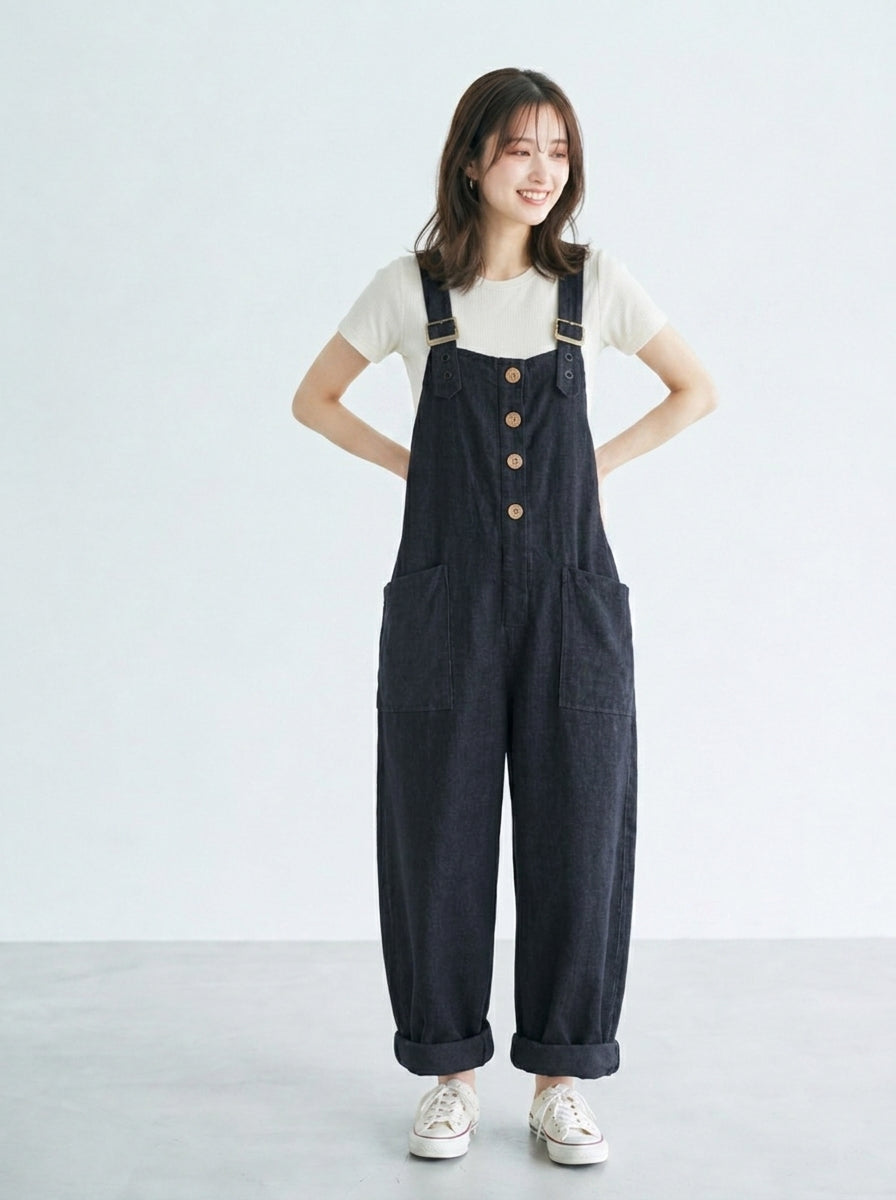 「兩色」S-3XL 寬鬆直筒大口袋吊帶褲