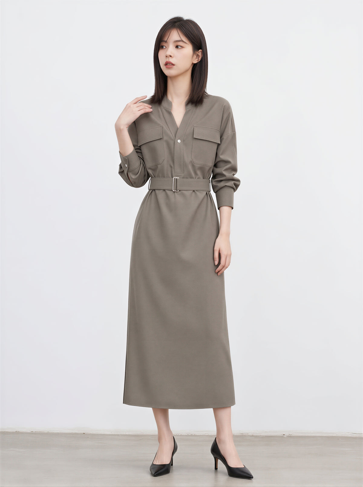 「秋季新品 」S-XL 收腰繫帶立領襯衫洋裝