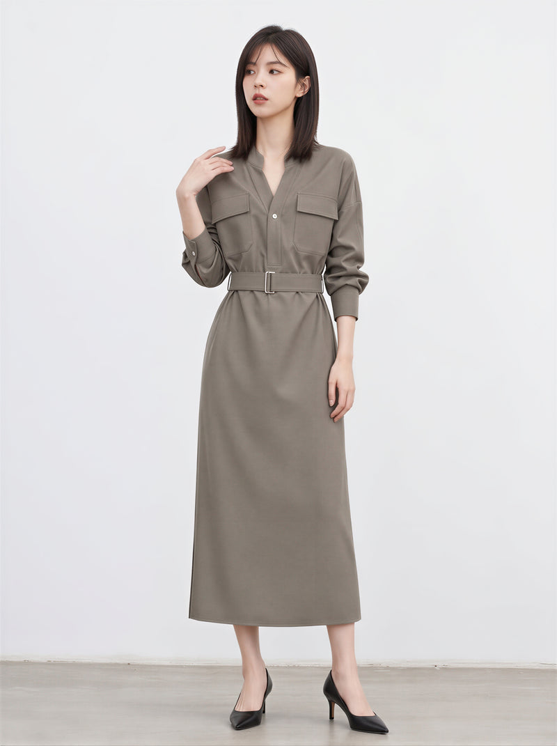 「秋季新品 」S-XL 收腰繫帶立領襯衫洋裝