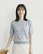小碎花提花泡泡袖針織上衣