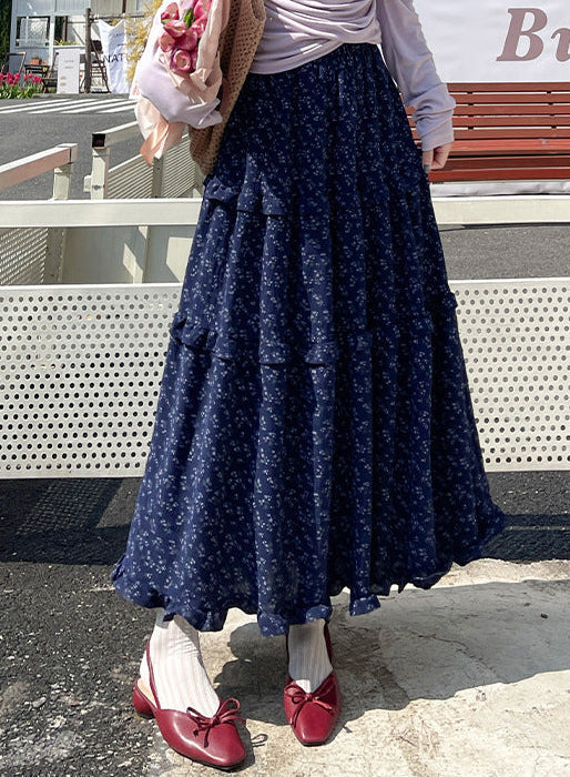 鬆緊高腰三層蛋糕碎花半身長裙