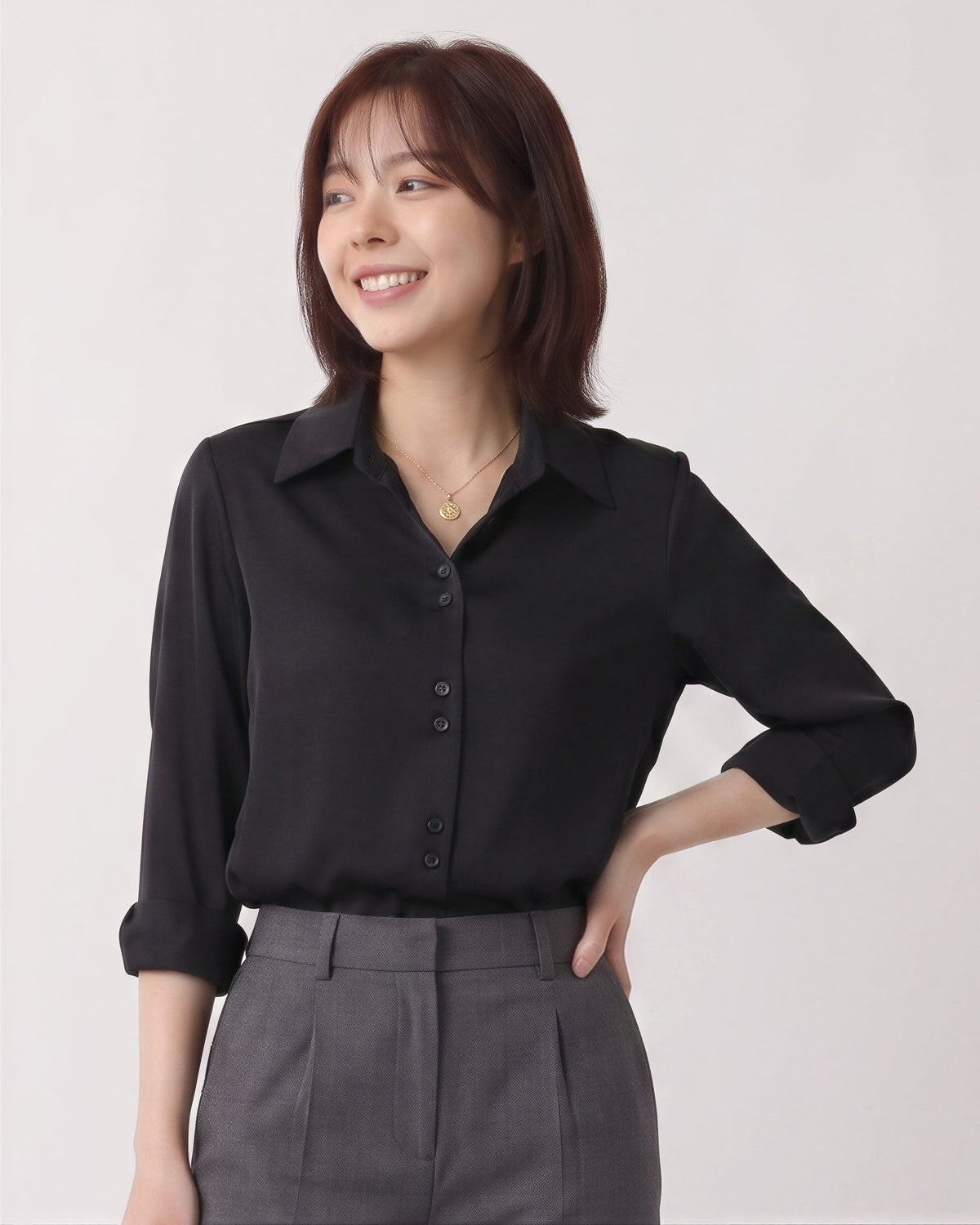 S-2XL 黑色翻領排扣修身襯衫