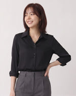 S-2XL 黑色翻領排扣修身襯衫