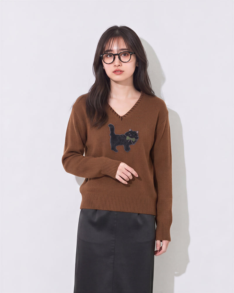 「兩色」S-XL V領鏤空滾邊 | 小貓圖案長袖針織衫