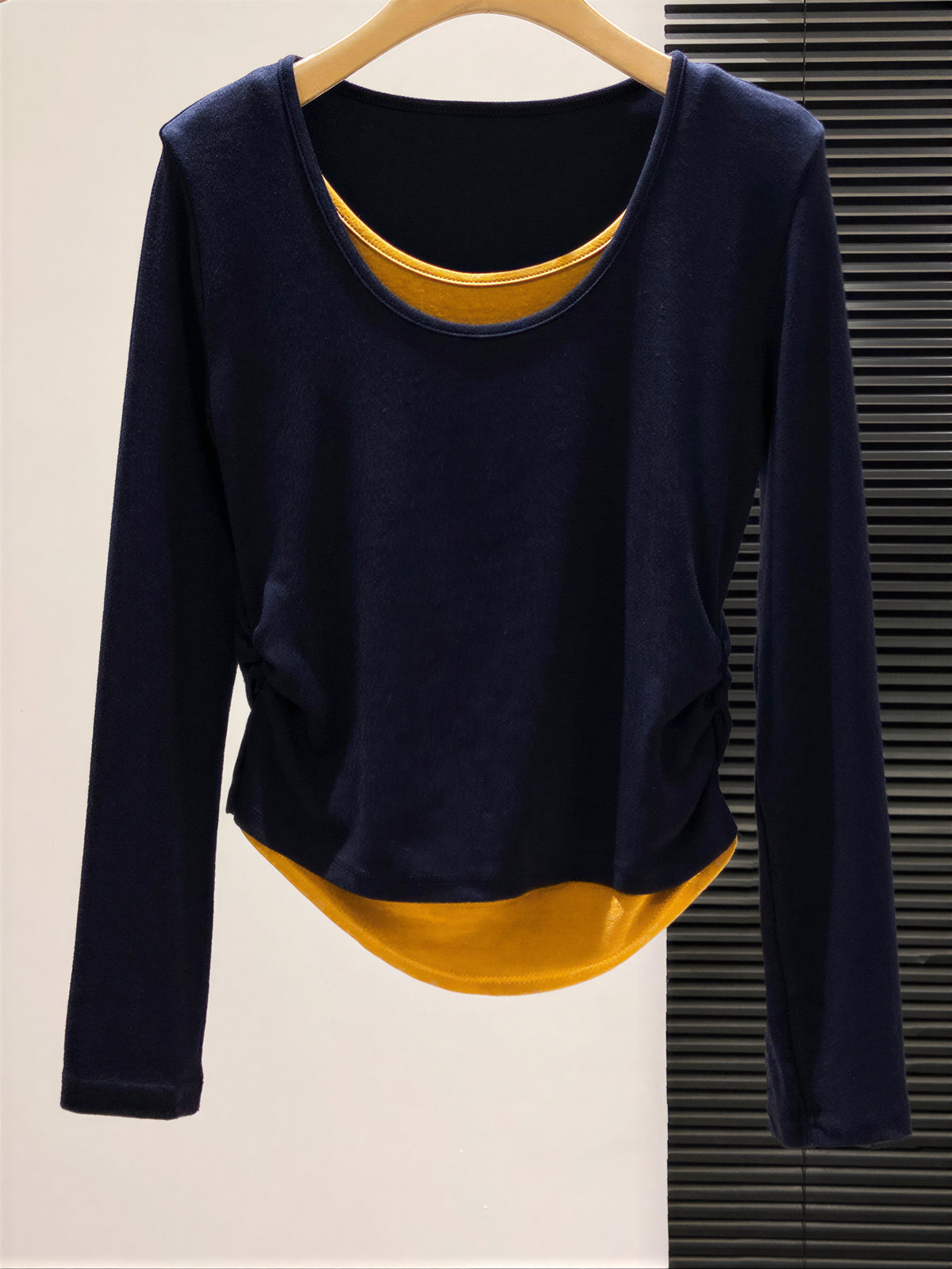 S-XL 深藍色疊穿感 | 圓領修身假兩件長袖T恤