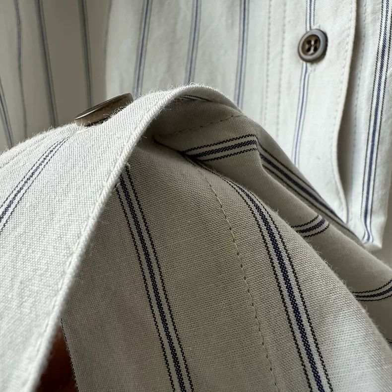 「兩色」「秋季新品 」S-XL 寬鬆條紋拼接口袋襯衫