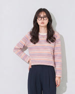 「秋季新品 」S-XL 淺粉色細條紋圓領長袖T恤