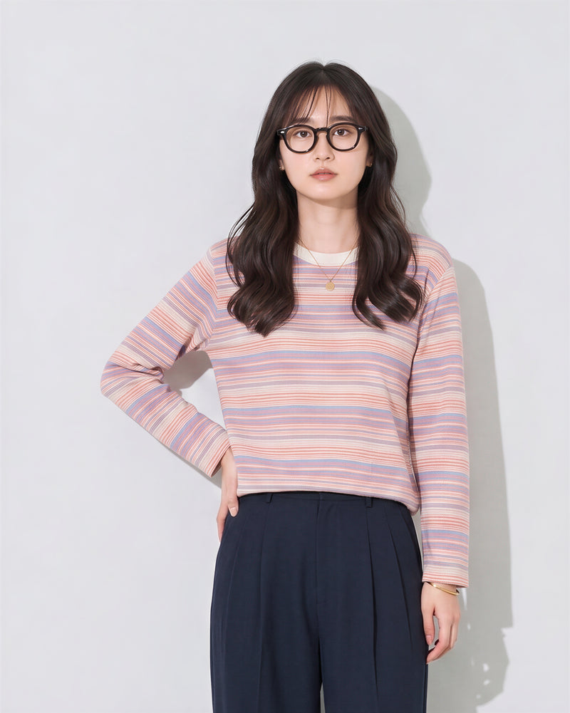 「秋季新品 」S-XL 淺粉色細條紋圓領長袖T恤