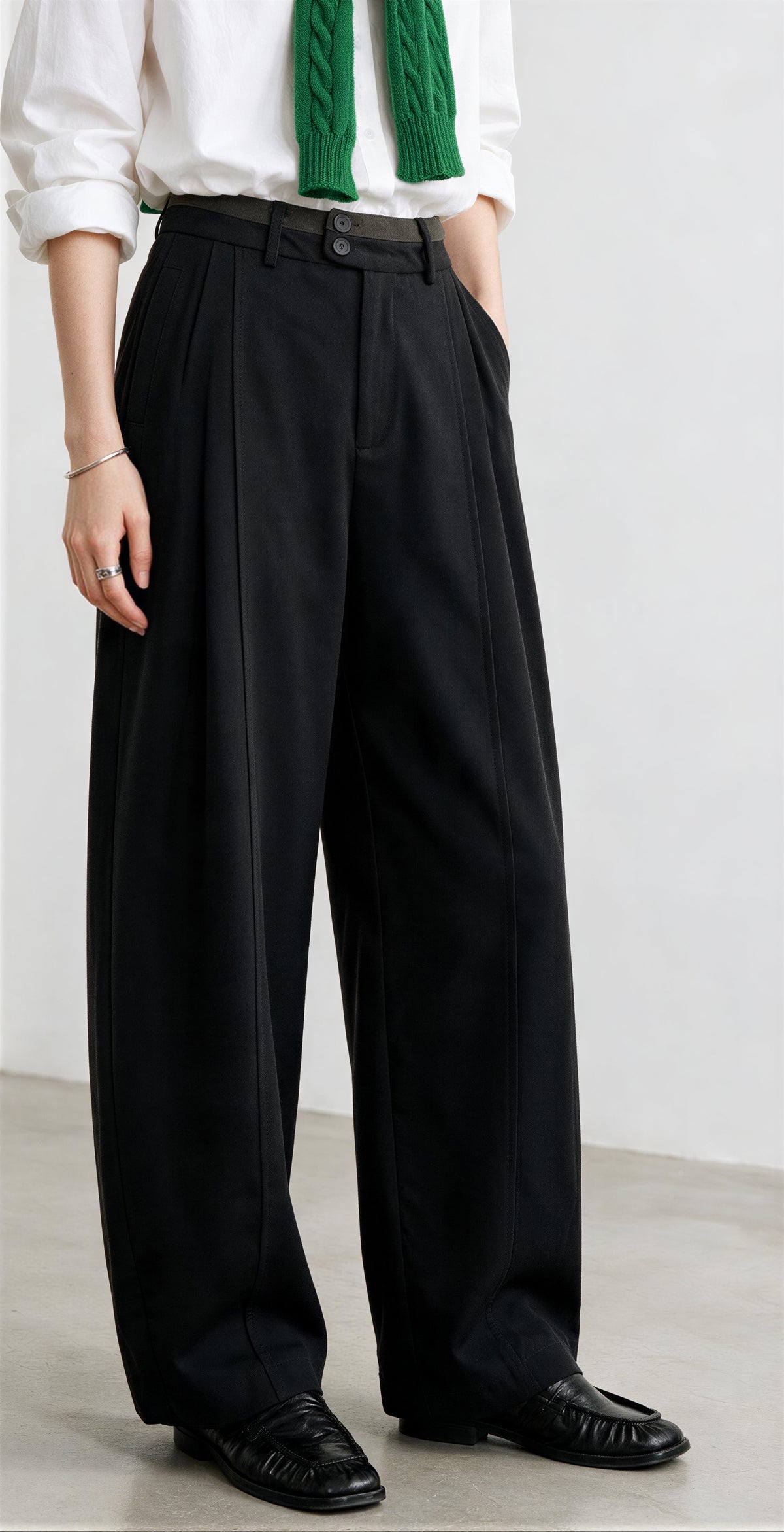 「兩色」「秋季新品 」 M-2XL 高腰修飾胯寬雙扣寬褲