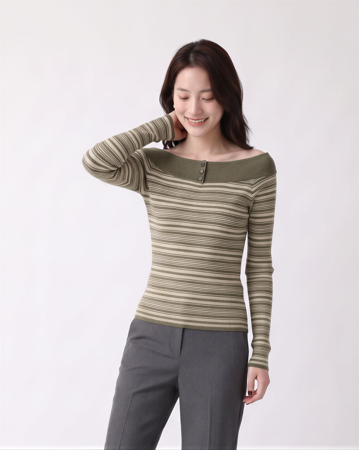 「秋季新品 」S-XL 一字領條紋修身針織衫