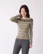 「秋季新品 」S-XL 一字領條紋修身針織衫