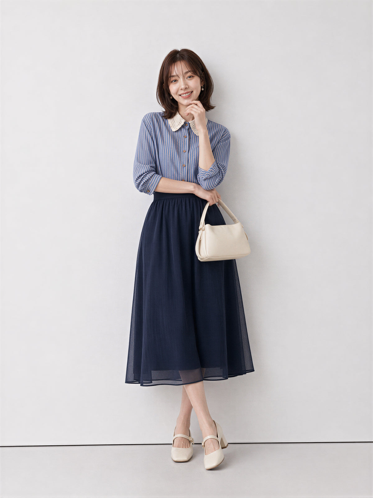 「秋季新品 」蕾絲翻領條紋襯衫