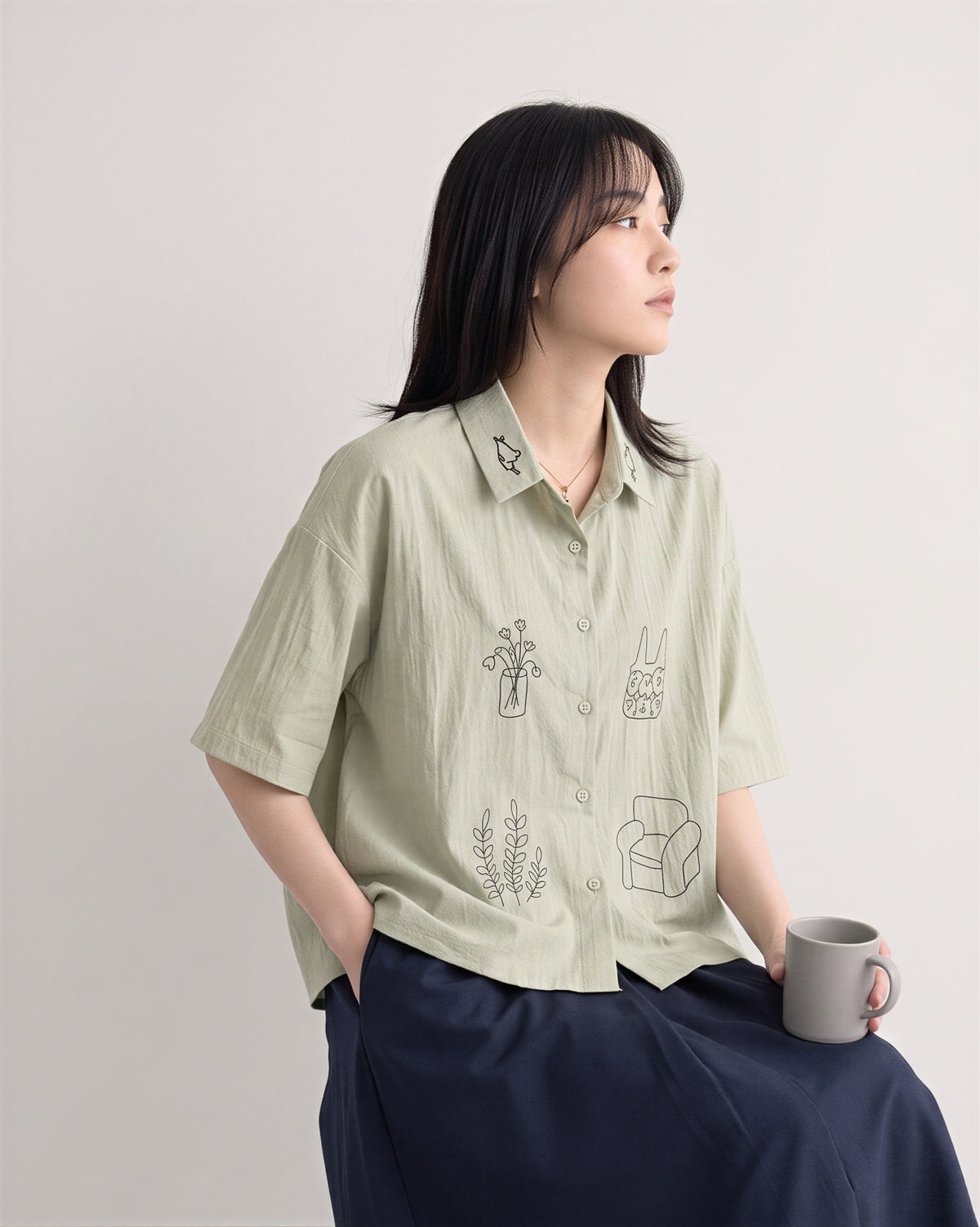 「兩色」M-2XL 趣味線描寬鬆短袖襯衫
