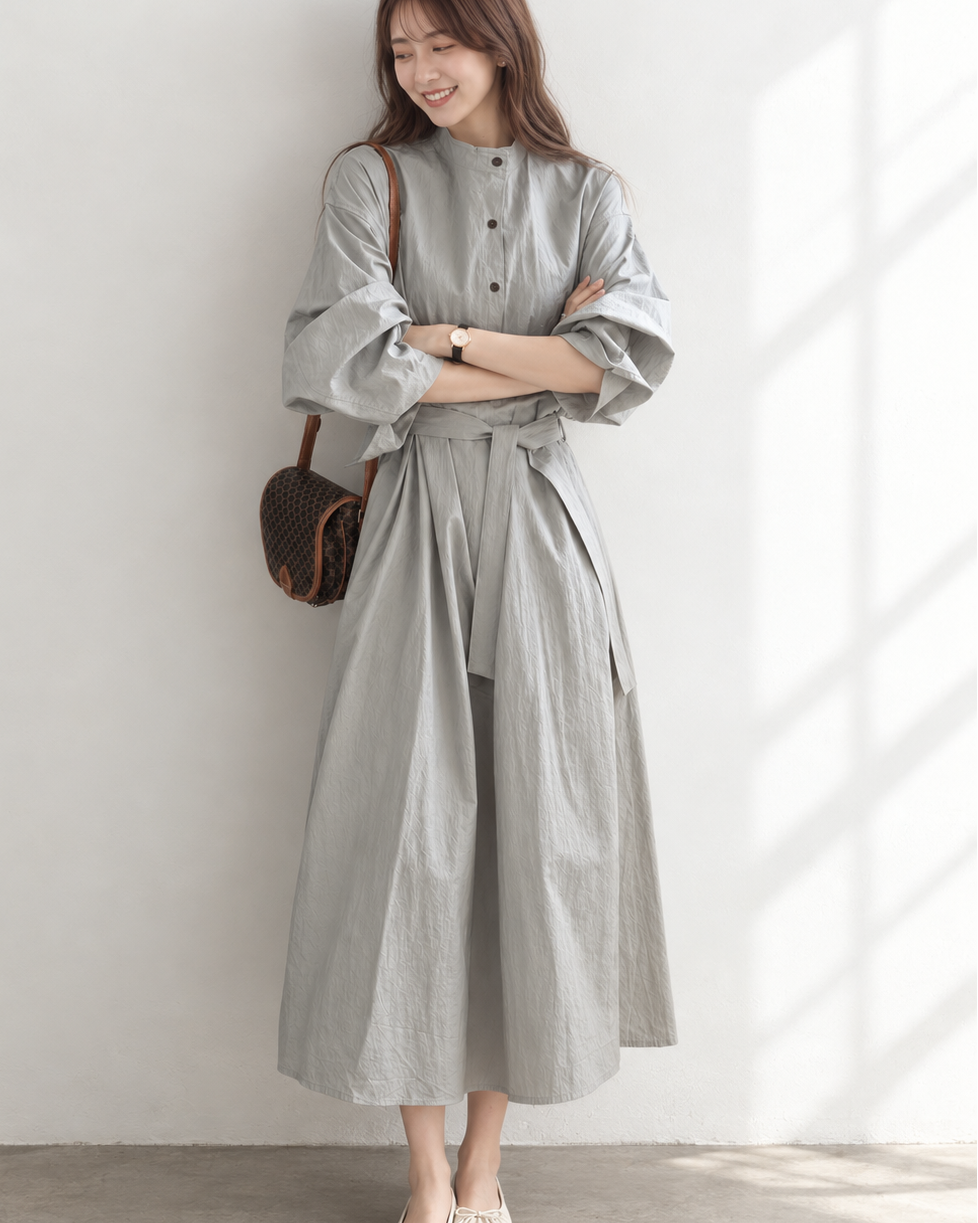 「秋季新品 」M-L 立領綁帶寬鬆襯衫洋裝