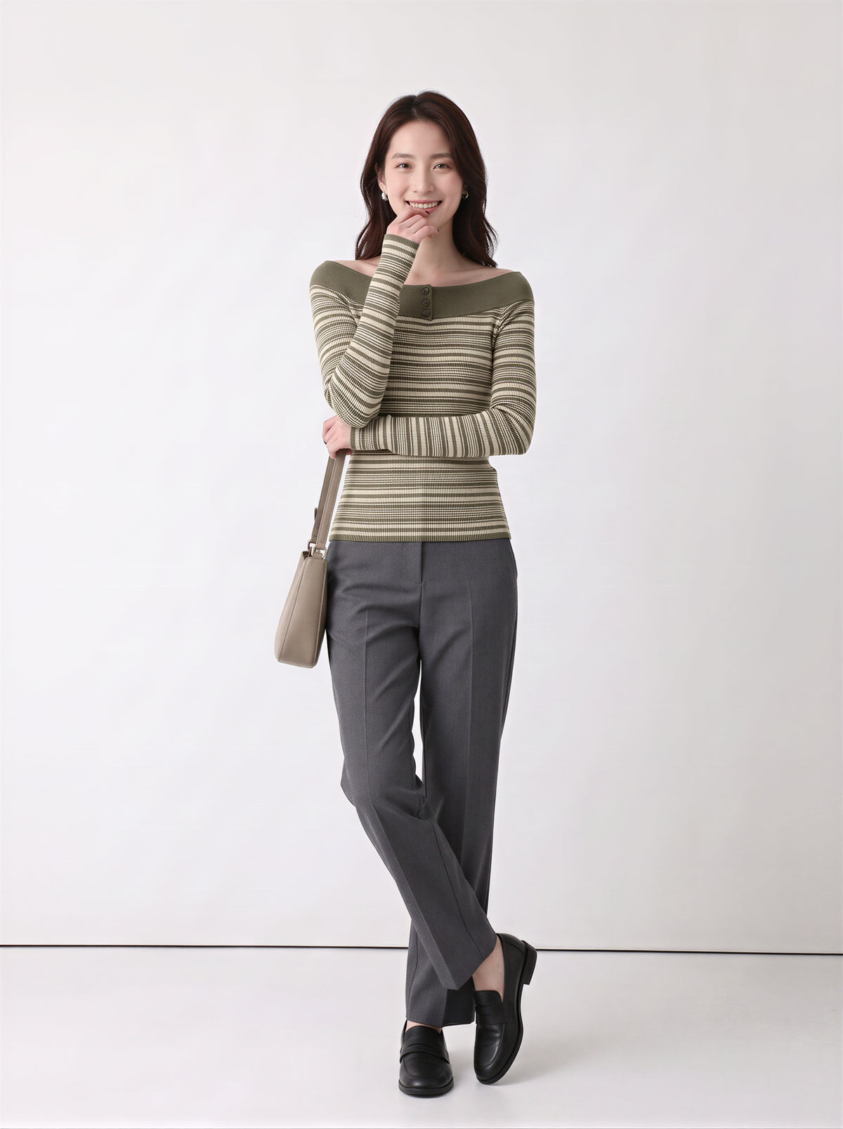 「秋季新品 」S-XL 一字領條紋修身針織衫