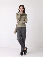 「秋季新品 」S-XL 一字領條紋修身針織衫
