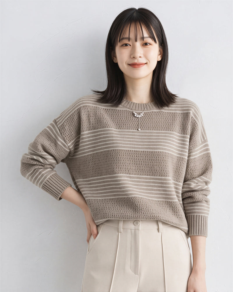 「秋季新品 」「兩色」條紋寬鬆落肩針織衫