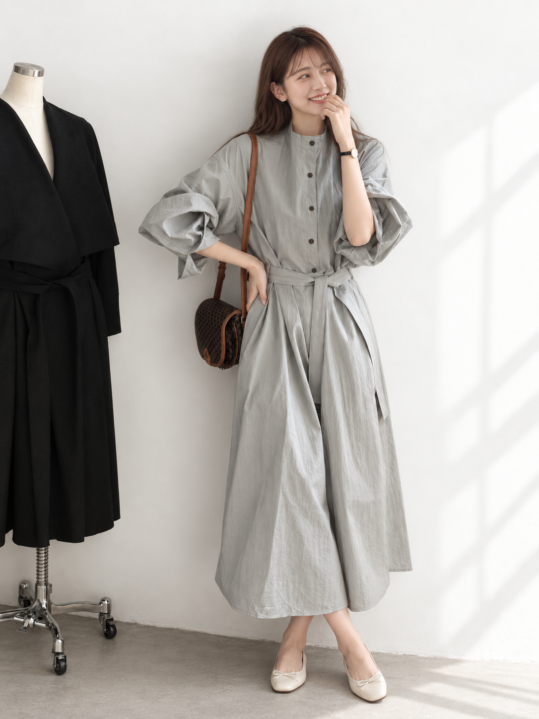 「秋季新品 」M-L 立領綁帶寬鬆襯衫洋裝