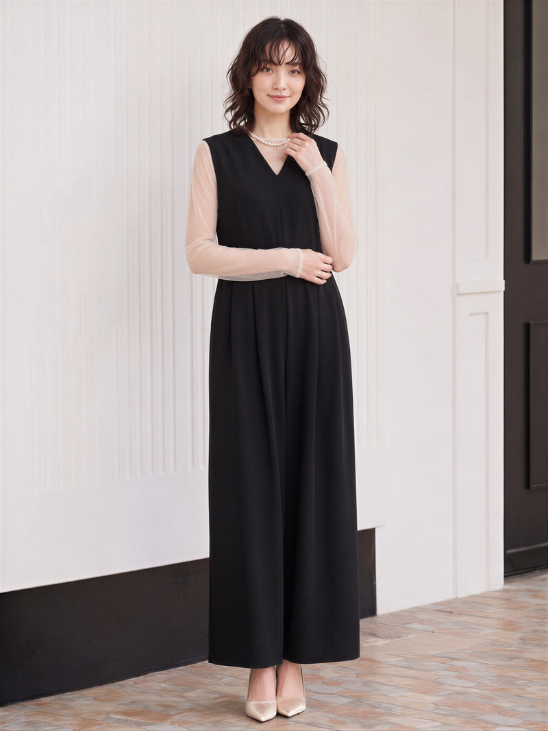 「秋季新品 」「兩色」S-2XL 品質兩件式 網紗拼袖上衣 + 寬褲連身褲 套裝
