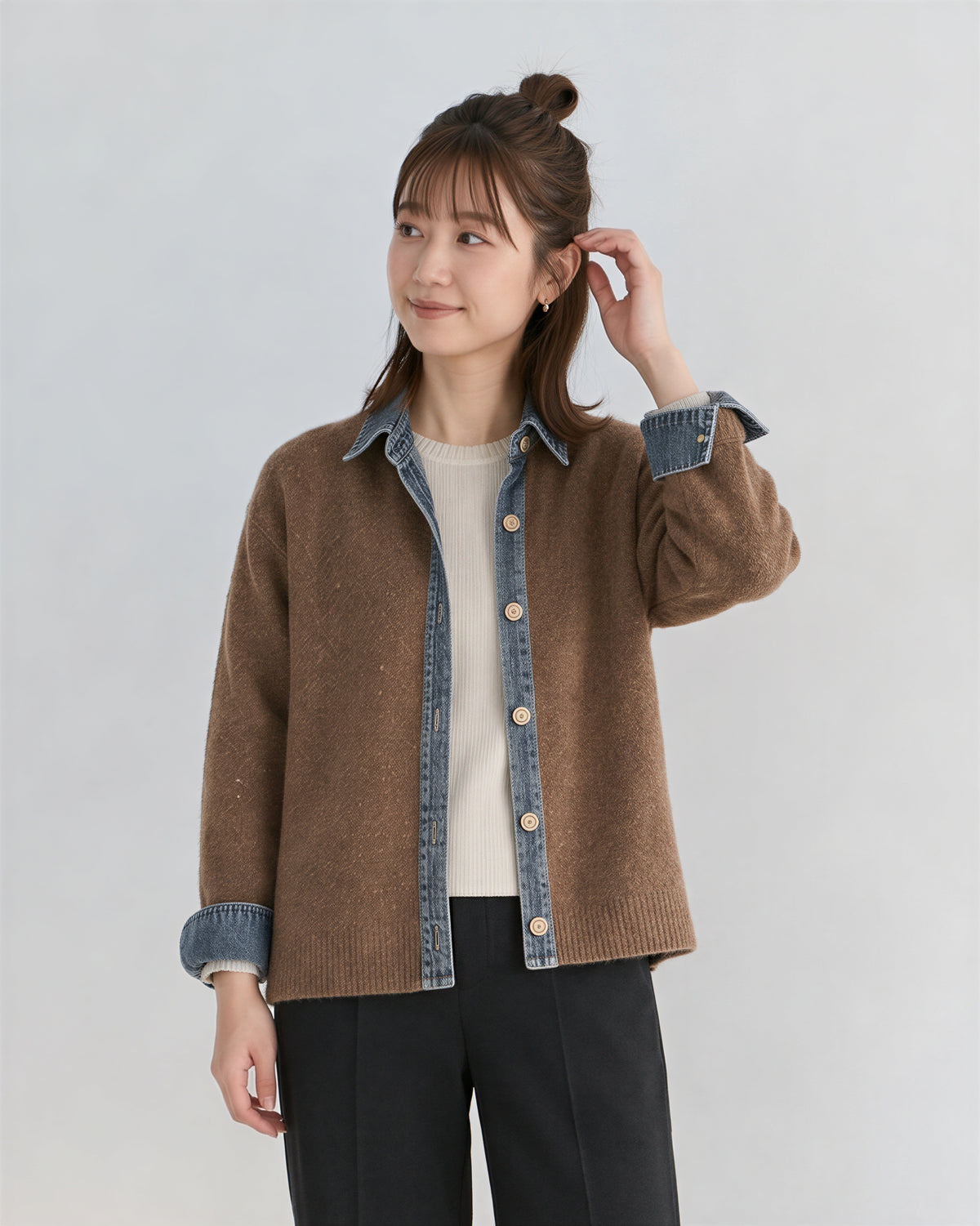 「3色」「秋季新品 」M-XL 拼接翻領短版針織開襟衫