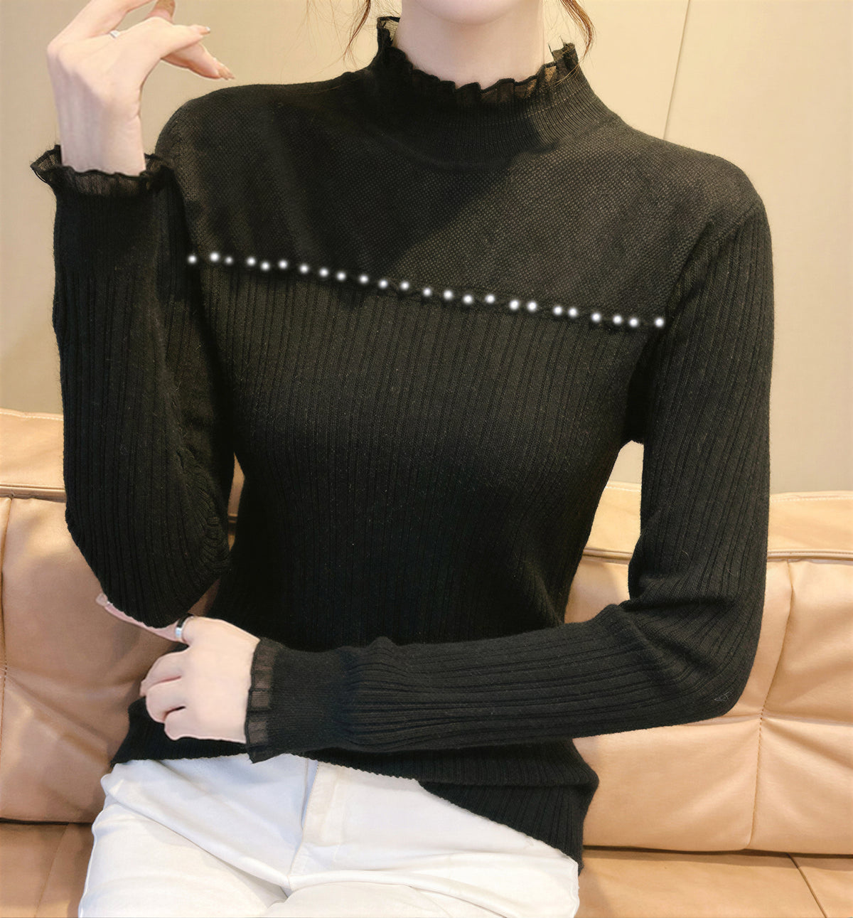 「4色」「秋季新品 」質感再升級 親膚舒適 | 高CP穿出質感 木耳邊珍珠裝飾 長袖針織衫