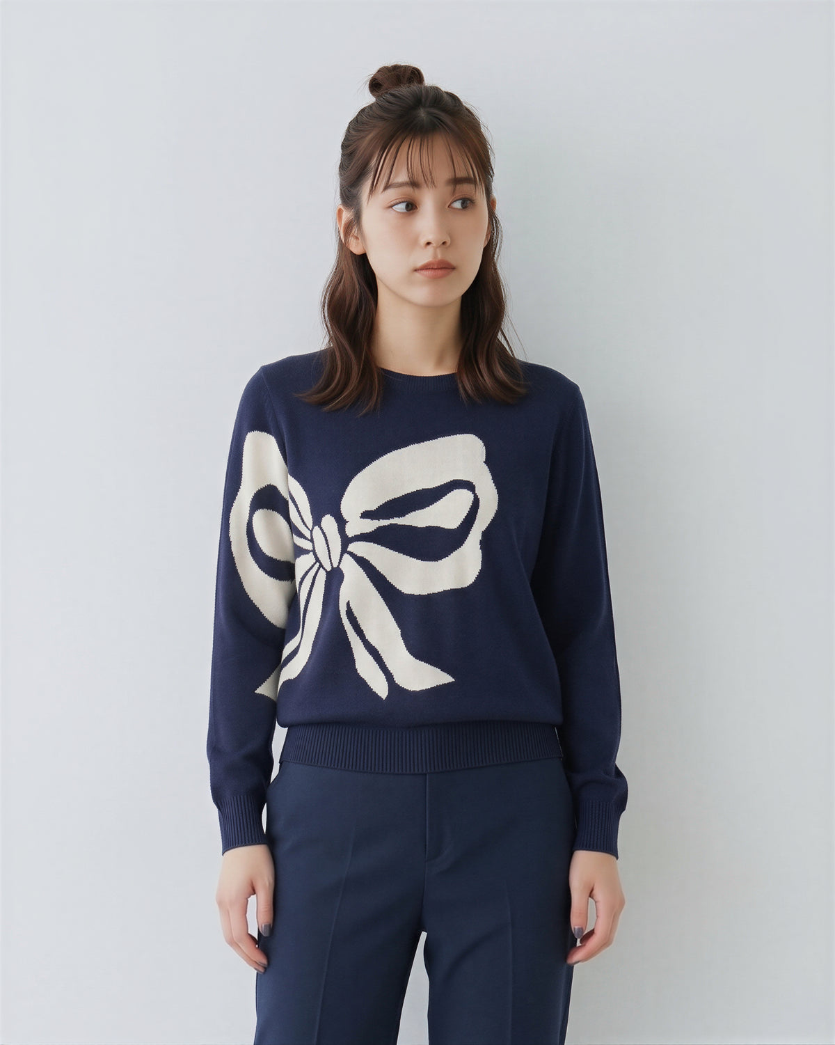 「秋季新品 」撞色蝴蝶結圓領針織衫