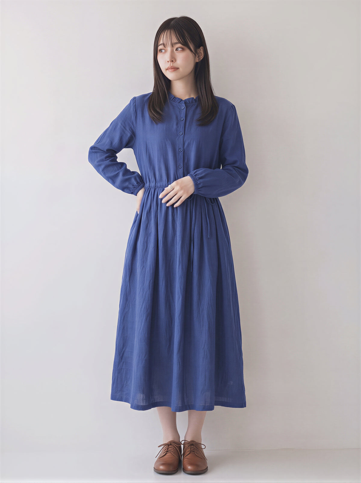 「秋季新品 」M-2XL木耳邊立領收腰棉麻洋裝