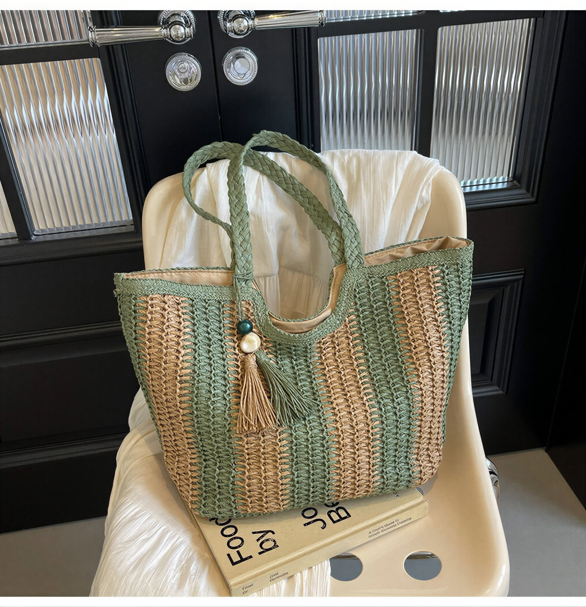 條紋編織 流蘇吊飾 草編手提單肩包