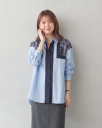 「秋季新品 」L~4XL 拼接條紋印花襯衫