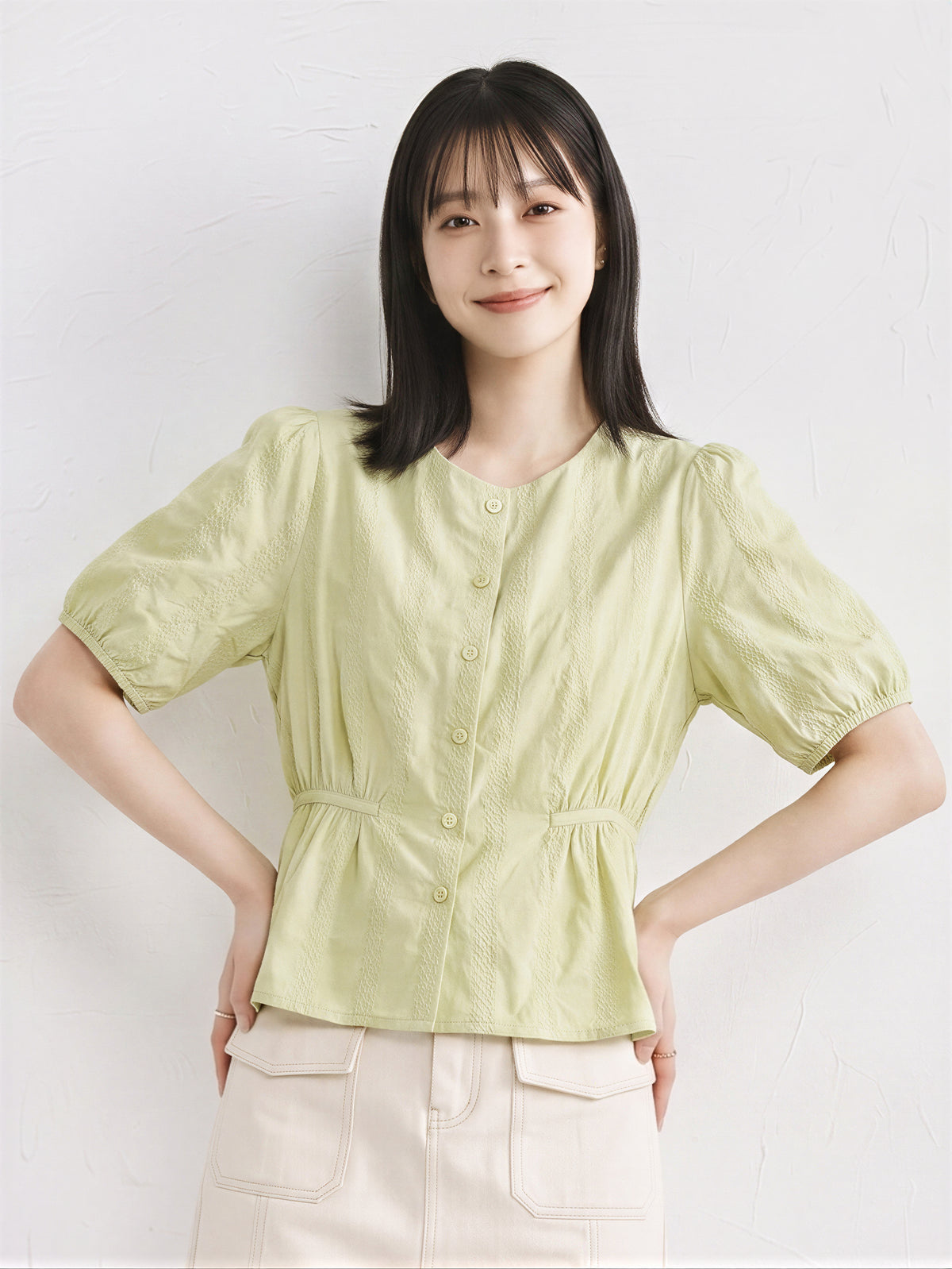 「兩色」全棉舒適透氣 圓領收腰提花襯衫-青檸綠-2XL