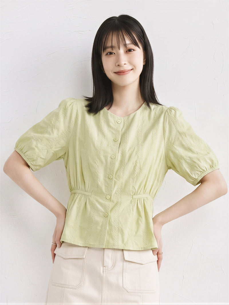 「兩色」全棉舒適透氣 圓領收腰提花襯衫-青檸綠-2XL