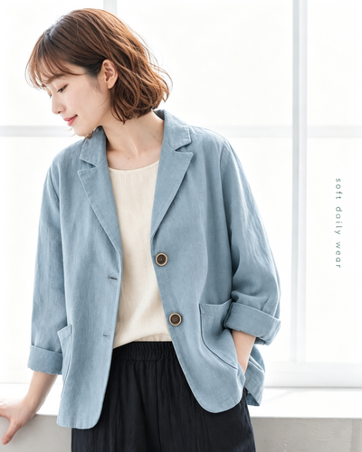 「3色」M-2XL 棉麻單排扣翻領短版西裝外套
