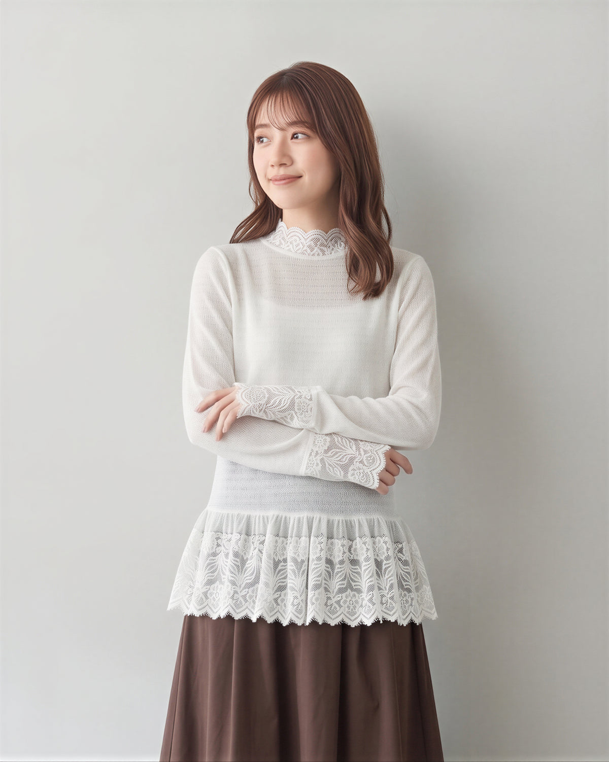 「秋季新品 」 S-XL 白色蕾絲拼接 | 木耳邊疊穿內搭長袖上衣