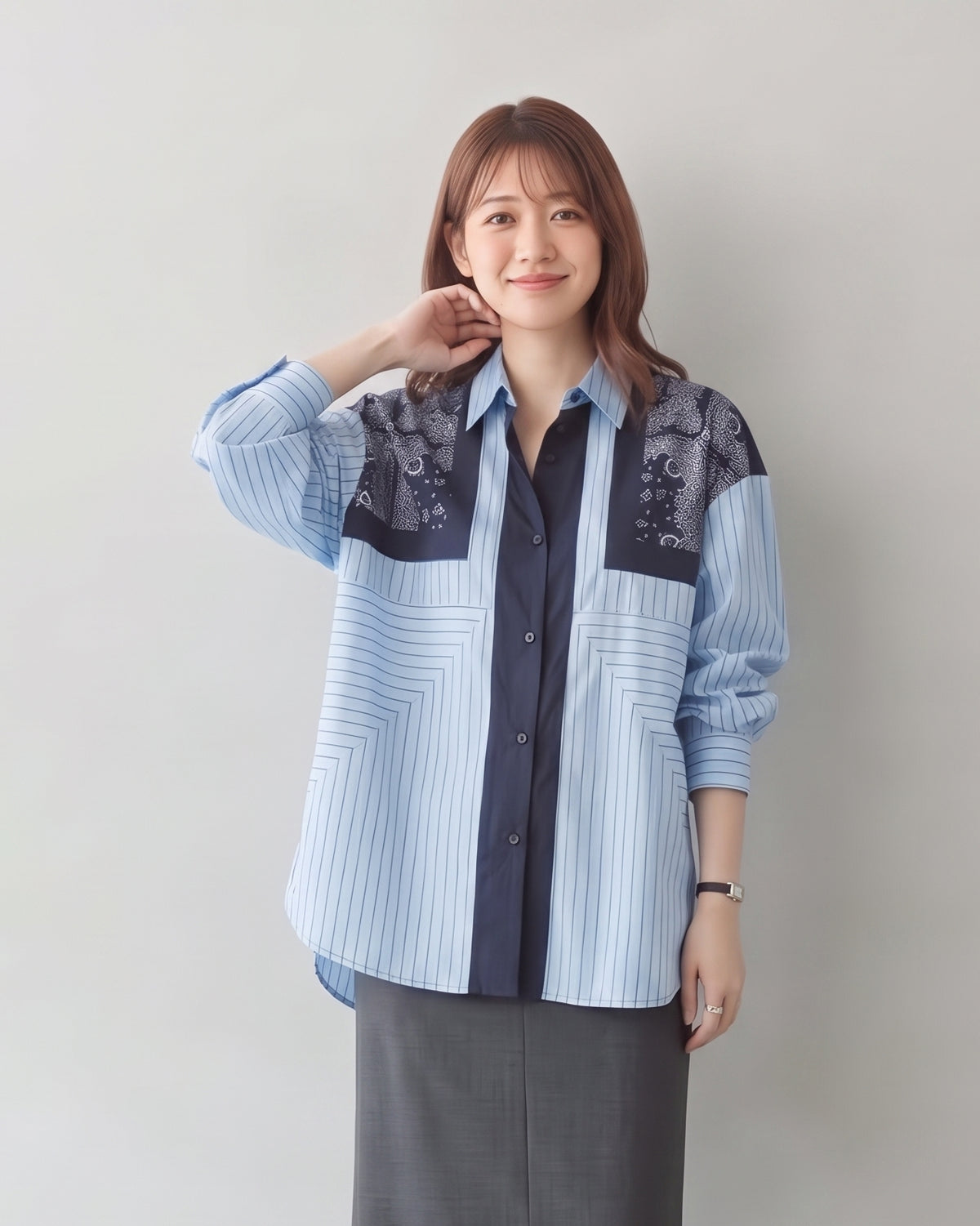 「秋季新品 」L~4XL 拼接條紋印花襯衫
