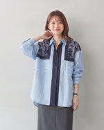 「秋季新品 」L~4XL 拼接條紋印花襯衫