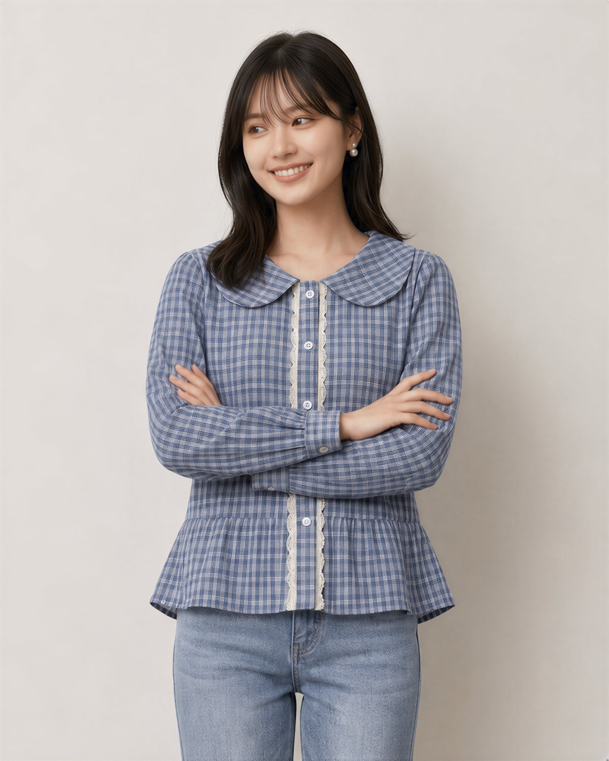 S-XL 淺藍色格紋 | 娃娃領收腰襯衫