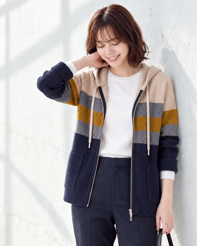 「秋季新品 」M-4XL 多色拼接條紋 | 抽繩連帽針織開衫
