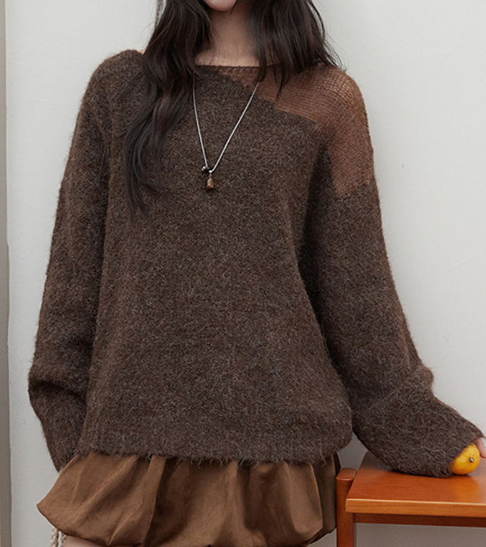 「秋季新品 」「兩色」斜肩寬鬆毛絨感針織衫