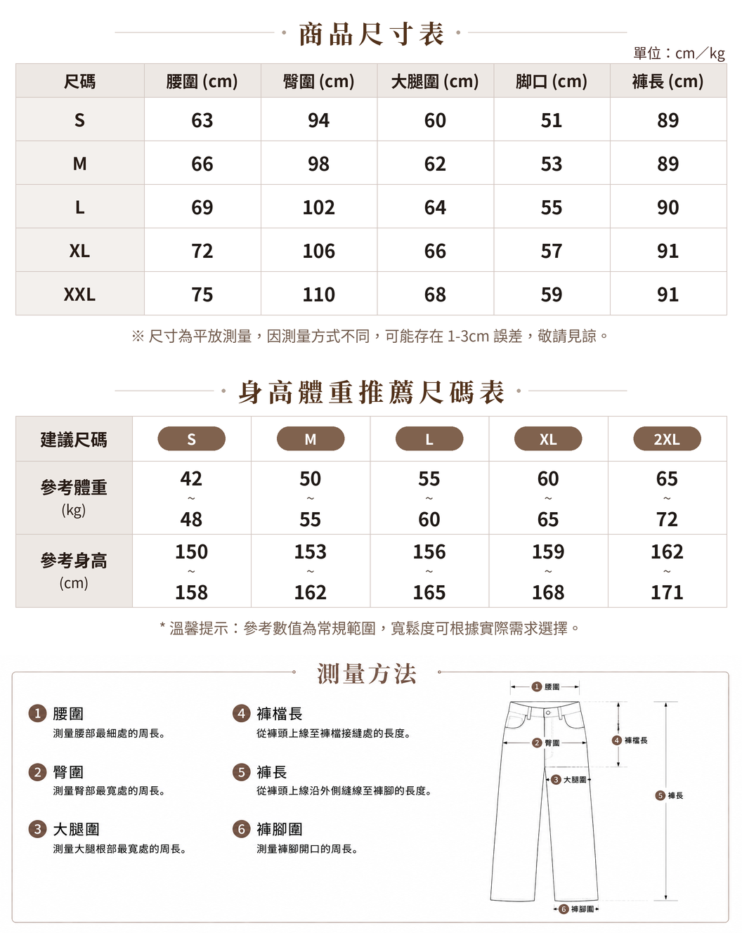 「3色」S-2XL 前片俐落壓線 | 高腰後鬆緊闊腿褲 size chart 1