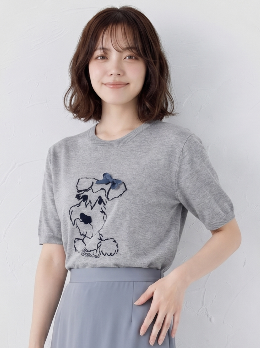萌趣小狗刺繡！ 柔軟親膚灰色短袖 設計感圓領寬鬆上衣