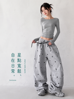 春夏舞蹈褲星星印花高腰抽繩闊腿休閒褲