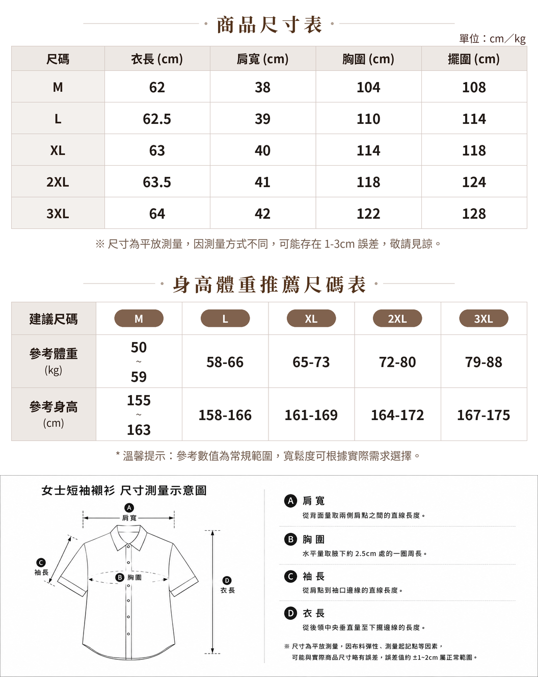 「兩色」M-3XL 小圓領 | 印花寬鬆短袖襯衫 size chart 1