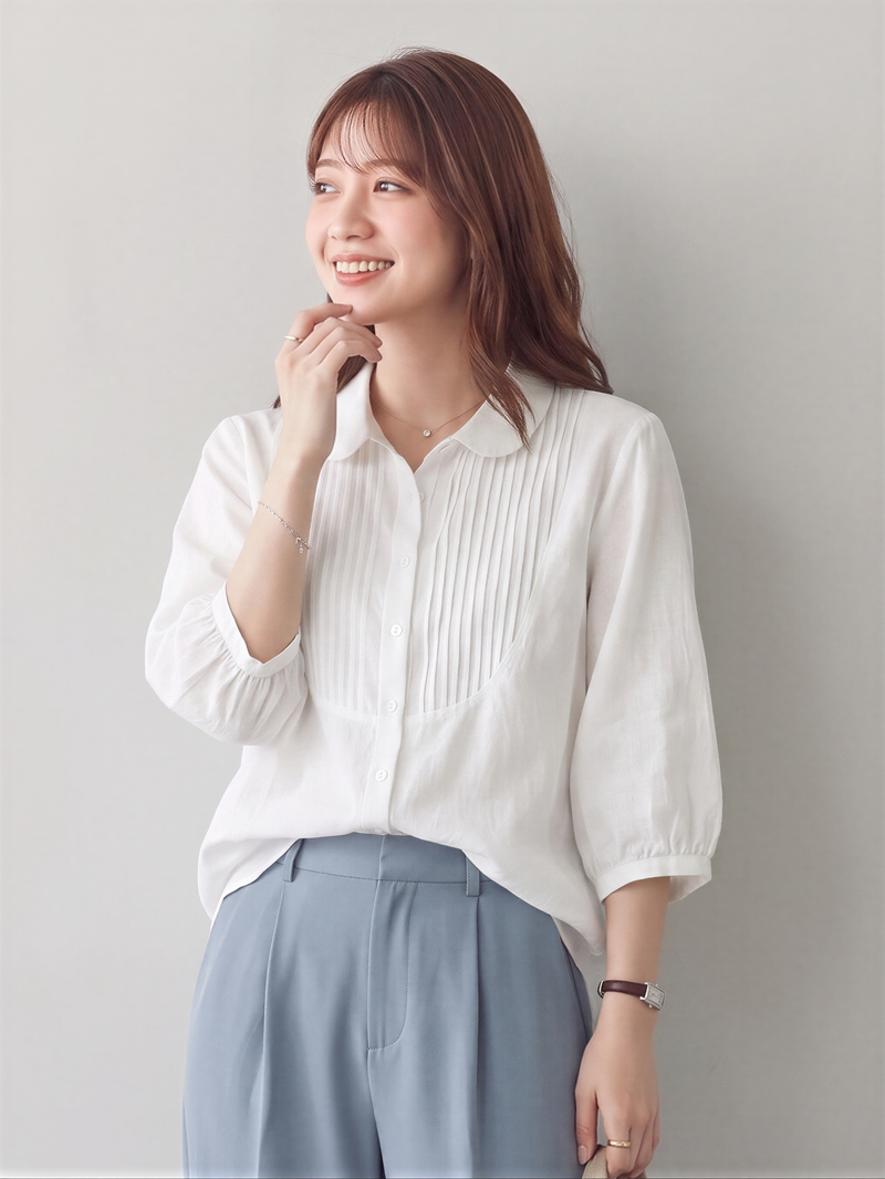 「3色」M-2XL 七分袖苧麻襯衫 法式琴褶文藝復古寬鬆棉麻上衣
