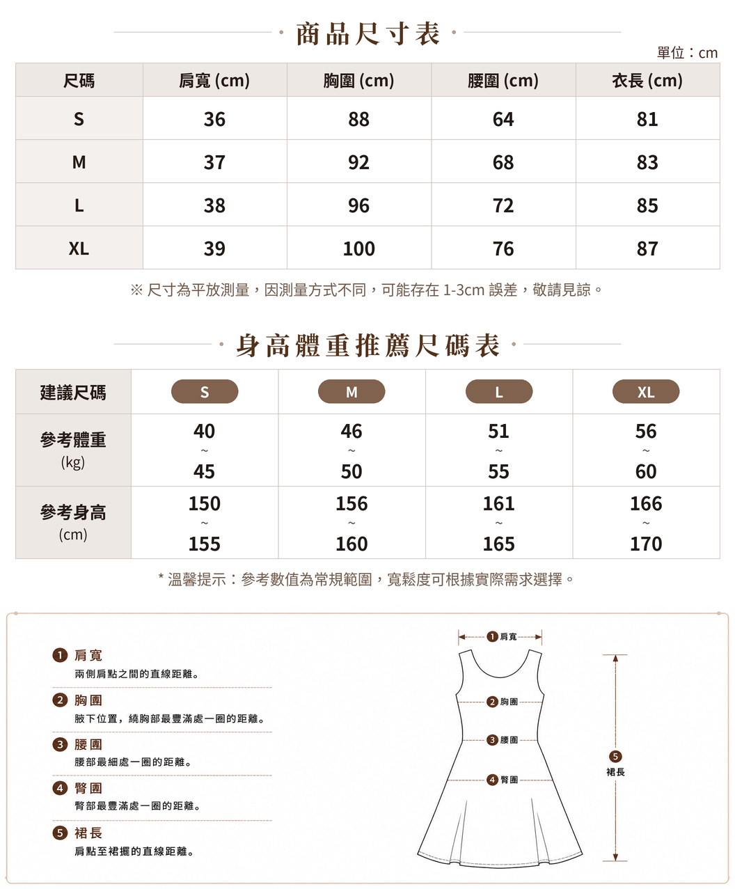 高腰小圓領收腰無袖A字洋裝 size chart 1
